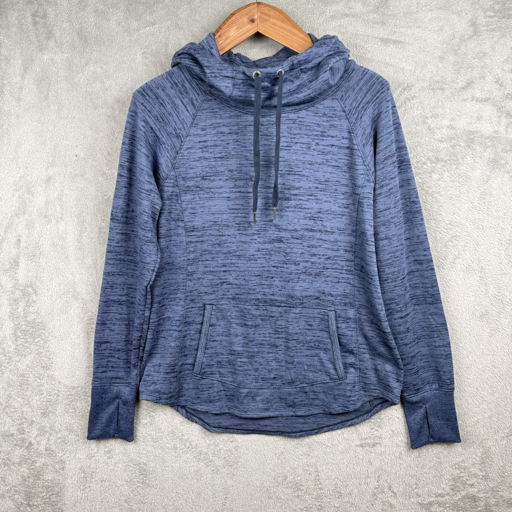 Athleta‎ Techie Sweat Hoodie Womens M Heather Blue Cowl Neck L/S Kangaroo Pocket